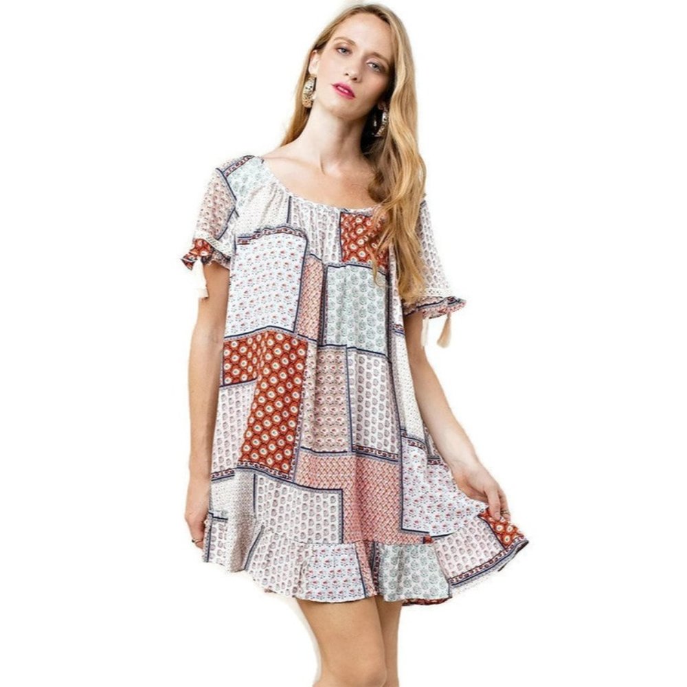Kori America Tassel Mini Swing Dress, Apricot